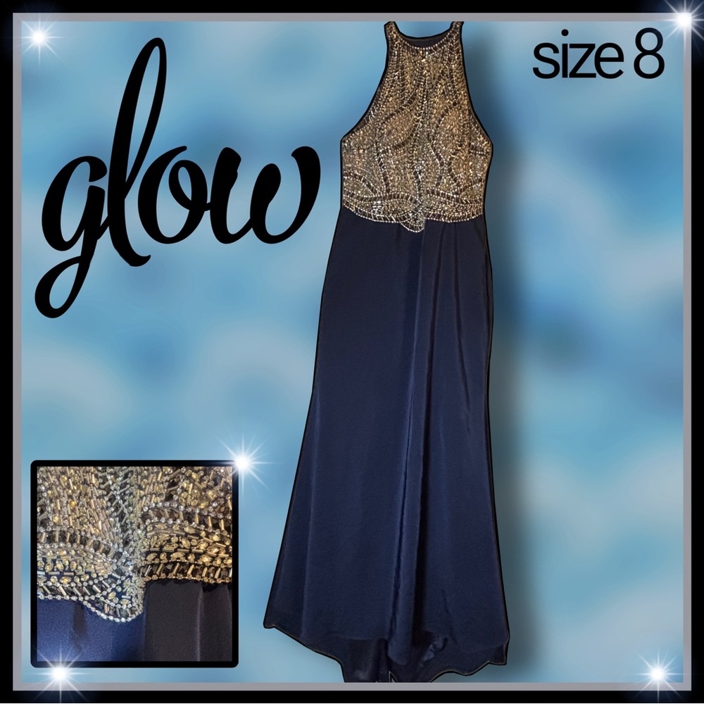 GLOW navy and rhinestone halter prom DRESS size 8